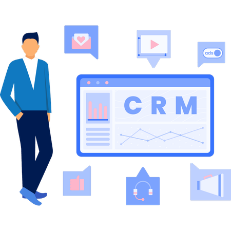 Geschäftsmann betrachtet CMS-Grafik auf Webseite  Illustration