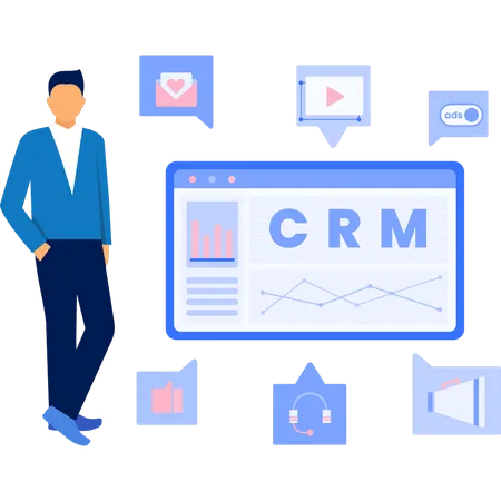 Geschäftsmann betrachtet CMS-Grafik auf Webseite  Illustration