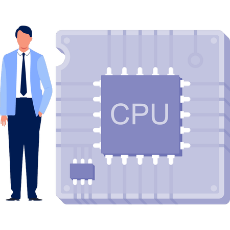 Geschäftsmann, der CPU-Chip betrachtet  Illustration