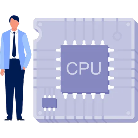 Geschäftsmann, der CPU-Chip betrachtet  Illustration