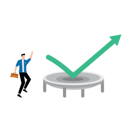 Geschäftsmann schaut sich Graph an, springt auf Trampolin und fliegt hoch  Illustration