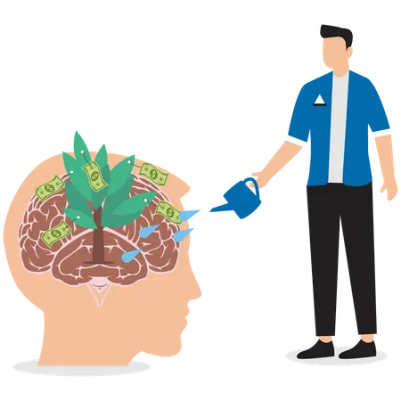 Geschäftsmann, der Ideen in den Kopf gießt  Illustration