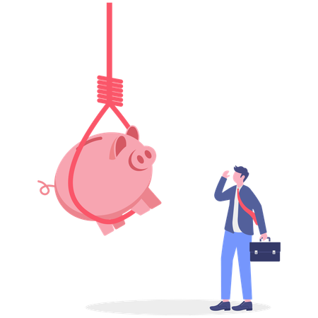 Geschäftsmann denkt über Slip Knot Seil Sparschwein  Illustration