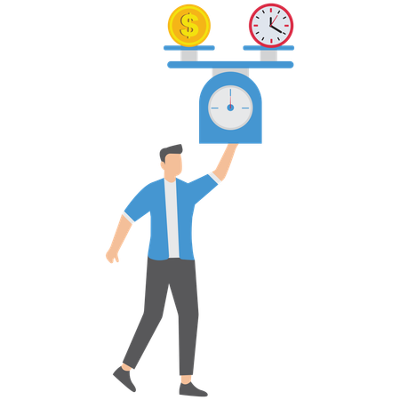Geschäftsmann, der Zeit und Geld im Gleichgewicht hält  Illustration