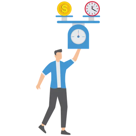 Geschäftsmann, der Zeit und Geld im Gleichgewicht hält  Illustration