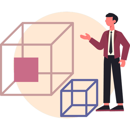 Geschäftsmann diskutiert 3D-Würfelform  Illustration