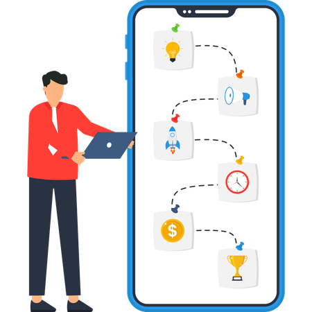 Geschäftsmann entwickelt Geschäftsstrategie auf mobiler App  Illustration