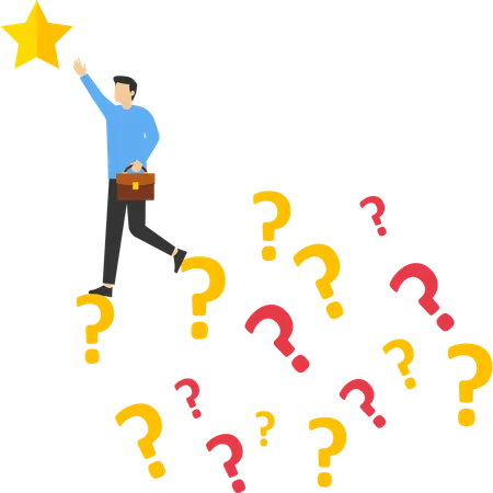 Geschäftsmann klettert über ein Fragezeichen, um einen Stern zu erreichen  Illustration