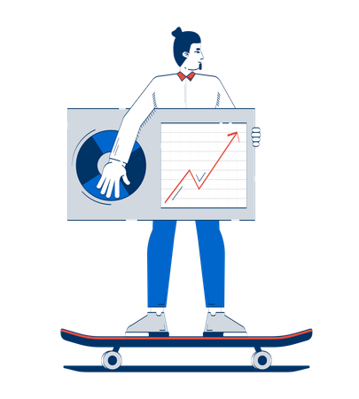 Geschäftsmann fährt Skateboard mit Daten-Dashboard  Illustration