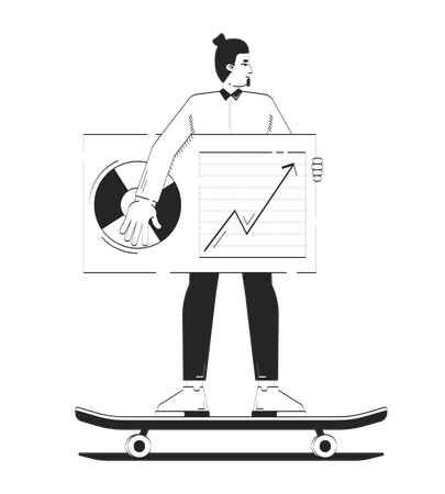 Geschäftsmann fährt Skateboard mit Daten-Dashboard  Illustration