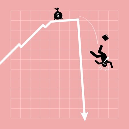 Geschäftsmann fällt aus dem Diagramm, als die Grafik plötzlich abstürzt  Illustration