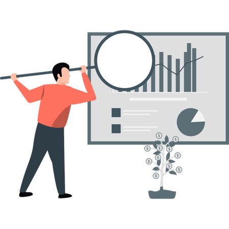 Geschäftsmann findet Finanzdiagrammdaten in Präsentation  Illustration