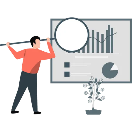 Geschäftsmann findet Finanzdiagrammdaten in Präsentation  Illustration