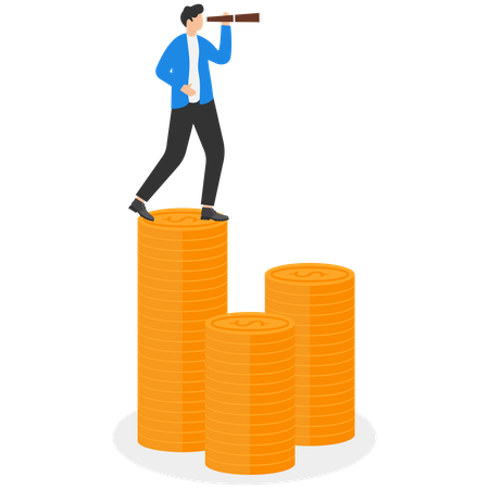Geschäftsmann, der auf einem Münzstapel steht und ein Teleskop verwendet, um die Zukunft zu sehen  Illustration