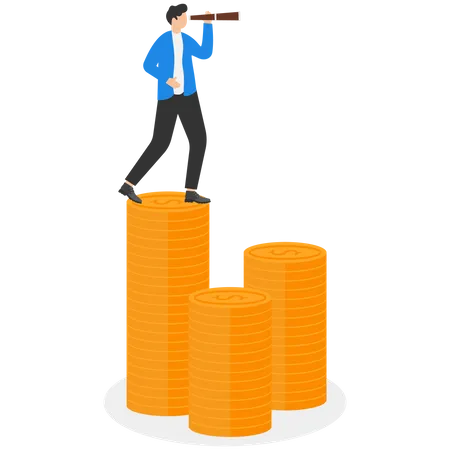 Geschäftsmann, der auf einem Münzstapel steht und ein Teleskop verwendet, um die Zukunft zu sehen  Illustration