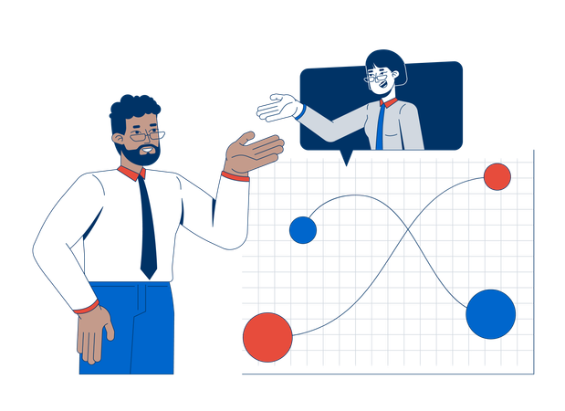 Geschäftsmann führt Datendiskussionen und Analystenzusammenarbeit durch  Illustration