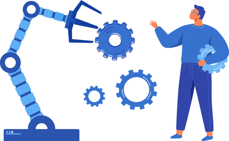 Geschäftsmann führt Experiment mit mechanischem Arm durch  Illustration