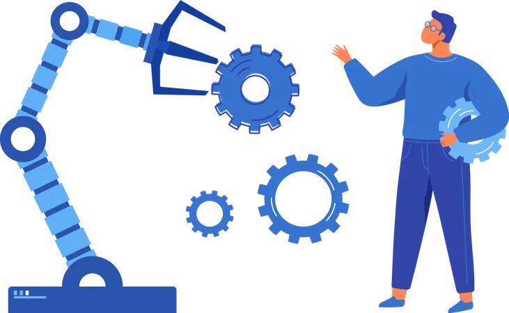 Geschäftsmann führt Experiment mit mechanischem Arm durch  Illustration