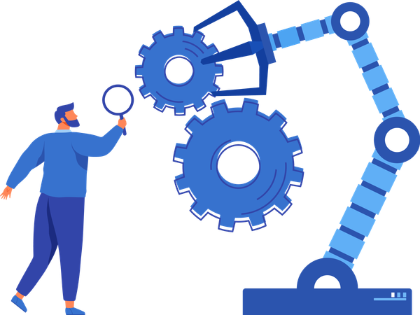 Geschäftsmann führt Experiment mit mechanischem Arm durch. Künstliche Intelligenz für die Entwicklung von Startups  Illustration