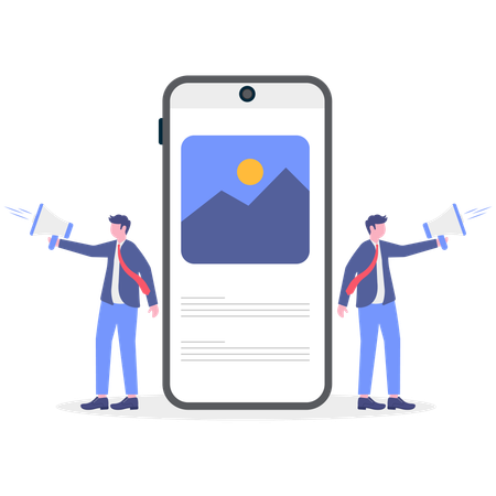 Geschäftsmann, der Werbekampagnen und Online-Werbung in mobilen Anwendungen durchführt  Illustration