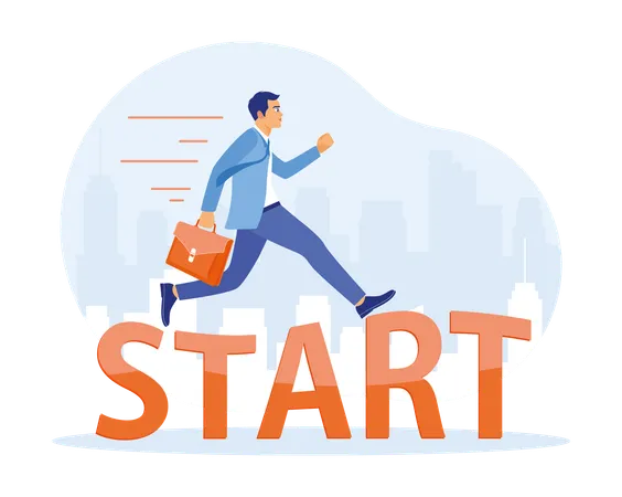 Geschäftsmann läuft beim Start eines Unternehmens auf das Wort „START“  Illustration