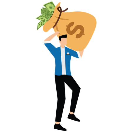Geschäftsmann geht und trägt einen großen, schweren Sack voller Bargeld  Illustration