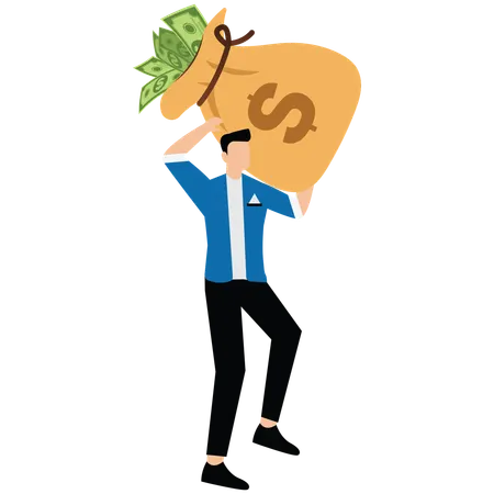 Geschäftsmann geht und trägt einen großen, schweren Sack voller Bargeld  Illustration