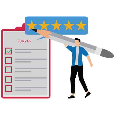 Geschäftsmann gibt in Feedback-Umfrage Fünf-Sterne-Bewertung mit Bleistift ab  Illustration