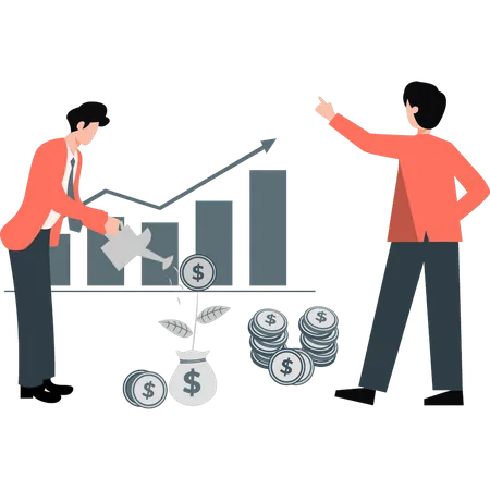 Geschäftsmann gießt Geldpflanze und erhält dabei finanzielles Wachstum  Illustration