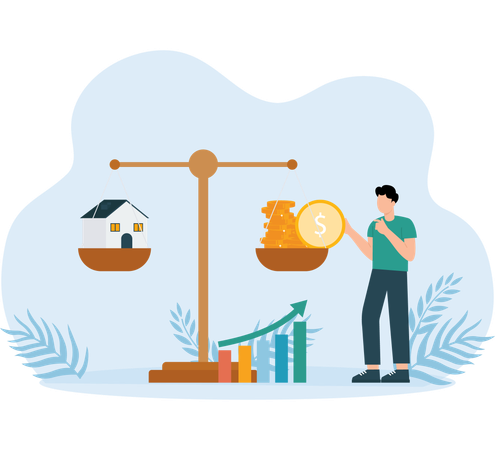 Geschäftsmann gleicht Immobilieninvestitionen mit Finanzen aus  Illustration