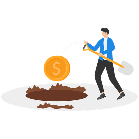 Geschäftsmann mit einer Schaufel gräbt Geld in den Boden  Illustration