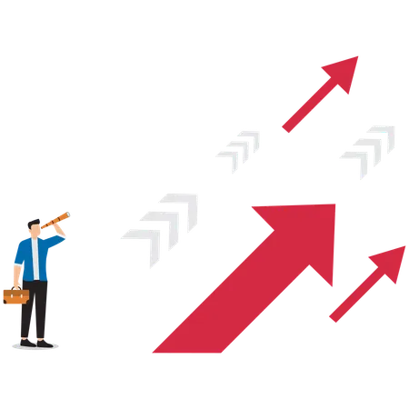 Geschäftsmann hält ein Teleskop und blickt auf den roten Pfeil nach oben in Richtung beruflicher Erfolg  Illustration