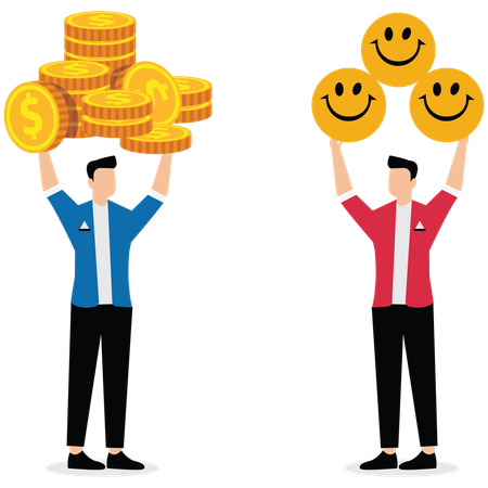 Ein Geschäftsmann hält einen Haufen Geld, ein anderer Geschäftsmann hält einen Haufen Smiley-Symbole  Illustration