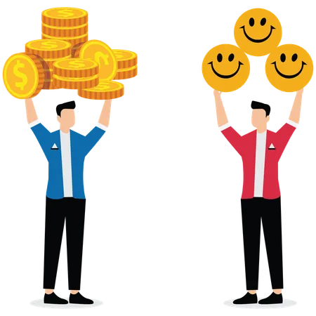 Ein Geschäftsmann hält einen Haufen Geld, ein anderer Geschäftsmann hält einen Haufen Smiley-Symbole  Illustration