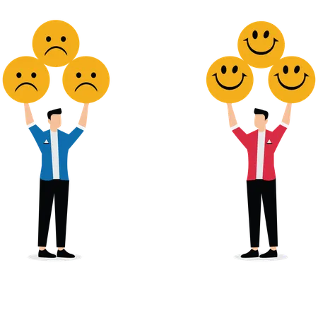 Ein Geschäftsmann hält einen Haufen Smileys, ein anderer Geschäftsmann hält einen Haufen trauriger Emoticons  Illustration