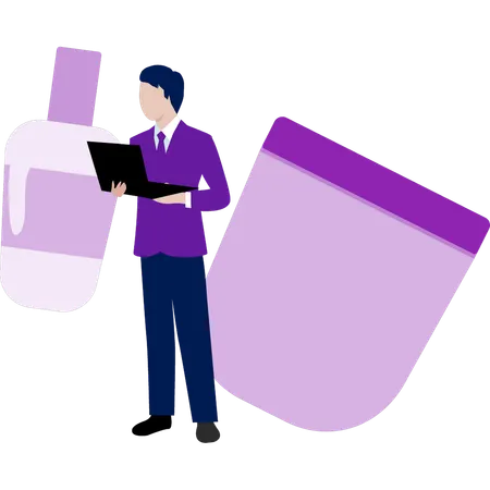 Geschäftsmann hält Laptop während der Arbeit an Schönheitsprodukt  Illustration