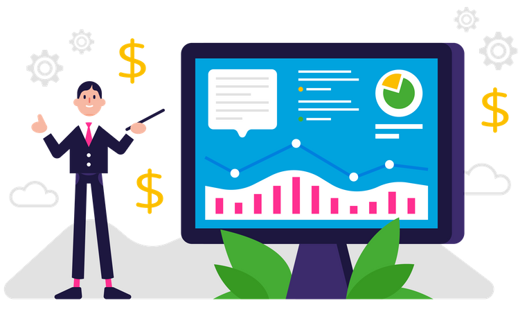 Geschäftsmann hält Marketingpräsentation  Illustration