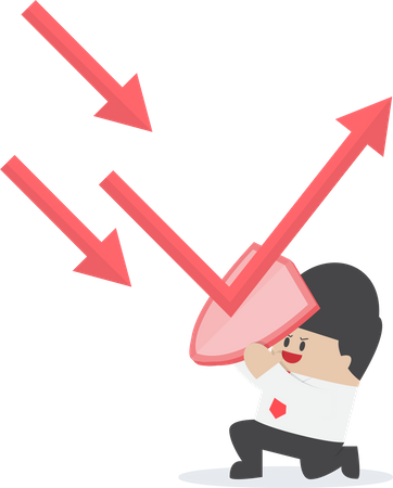 Geschäftsmann mit Schild verhindert Abwärtstrenddiagramm, um seinen Gewinn zu schützen  Illustration