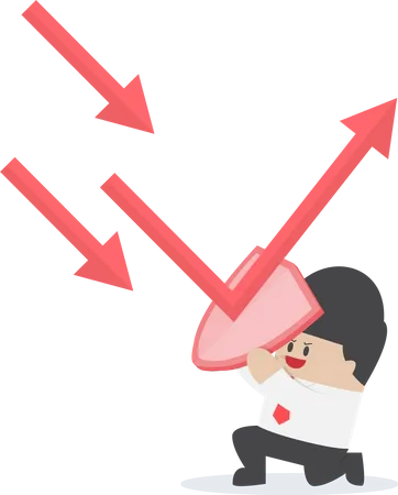 Geschäftsmann mit Schild verhindert Abwärtstrenddiagramm, um seinen Gewinn zu schützen  Illustration