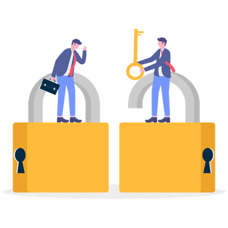 Geschäftsmann hält Schlüssel und sichert Daten  Illustration