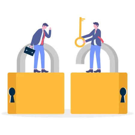 Geschäftsmann hält Schlüssel und sichert Daten  Illustration