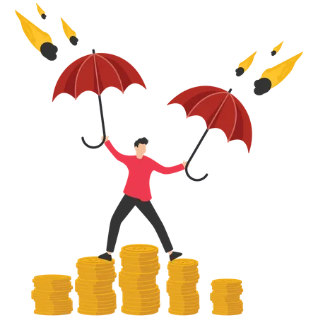 Geschäftsmann hält starken Regenschirm, um Geldmünze zu schützen  Illustration