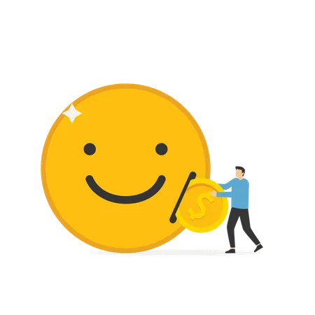 Geschäftsmann legt Münze auf Smiley-Emoji  Illustration