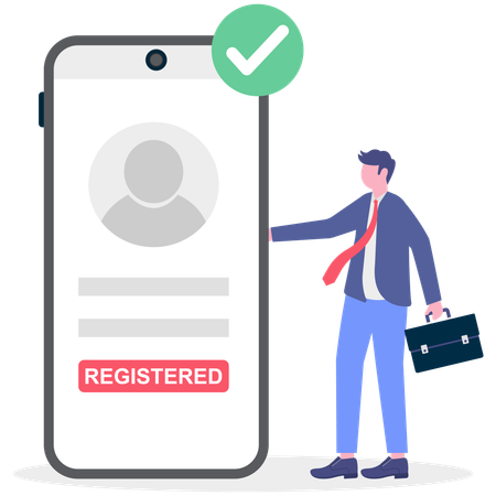 Geschäftsmann erfolgreich für mobiles Konto registriert  Illustration