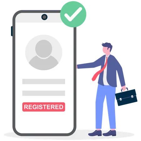 Geschäftsmann erfolgreich für mobiles Konto registriert  Illustration