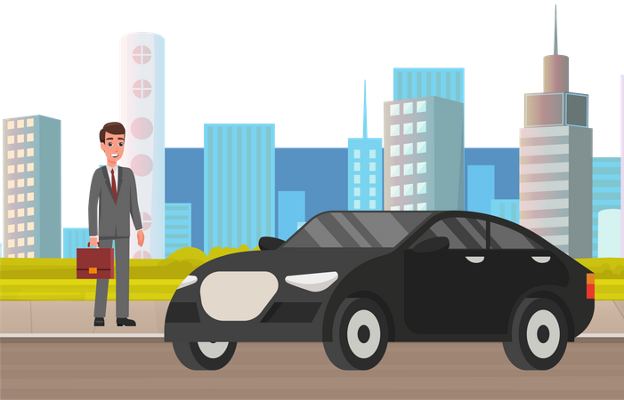 Geschäftsmann in der Nähe von teurem Auto  Illustration