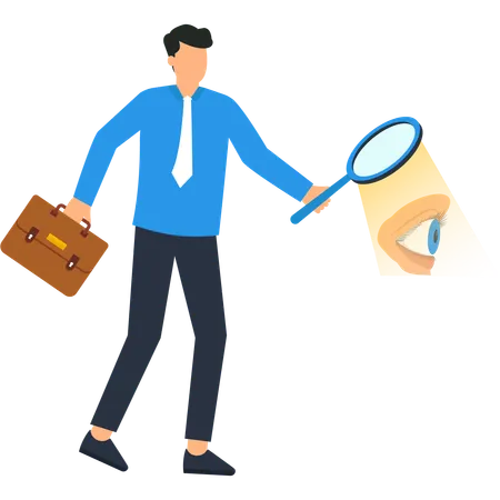 Geschäftsmann untersucht Augendetails mit Lupe  Illustration