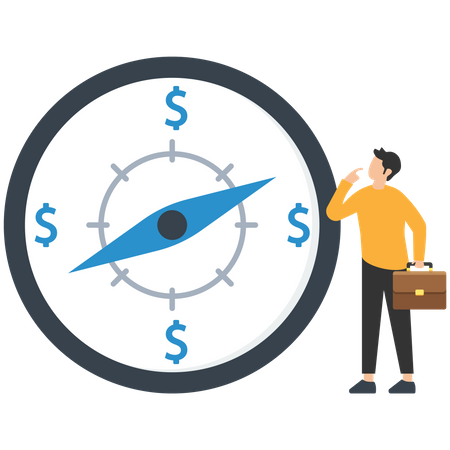 Geschäftsmann Investor Blick auf Kompass mit Dollarzeichen Richtung  Illustration