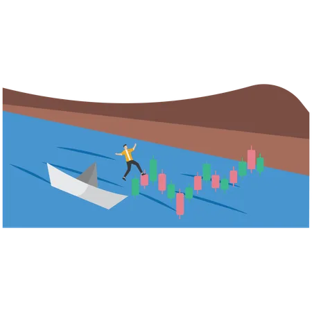 Geschäftsmann und Investor gehen vorsichtig an Rettungsring aus Investment-Balkendiagramm vorbei  Illustration