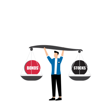 Geschäftsmann Investor Gleichgewicht auf Aktien und Anleihen Wippe  Illustration